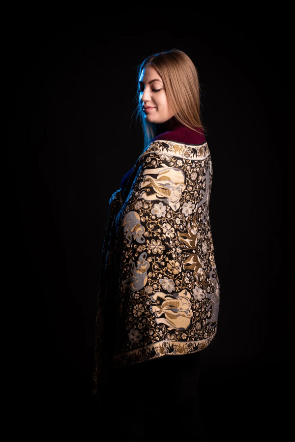 Esarfa casmir paisley si elefanti, maro-bej