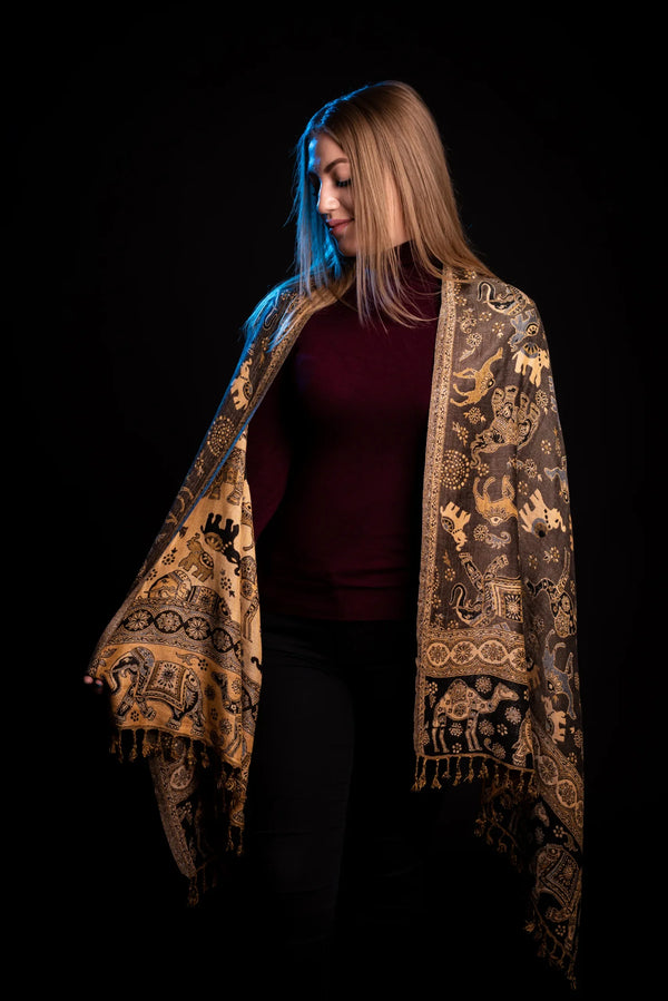 Esarfa casmir paisley si elefanti gri-bej