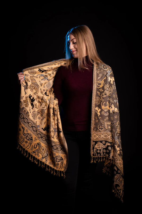 Esarfa casmir paisley si elefanti gri-bej