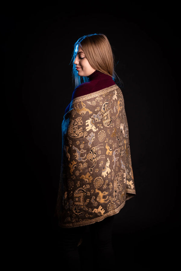 Esarfa casmir paisley si elefanti gri-bej