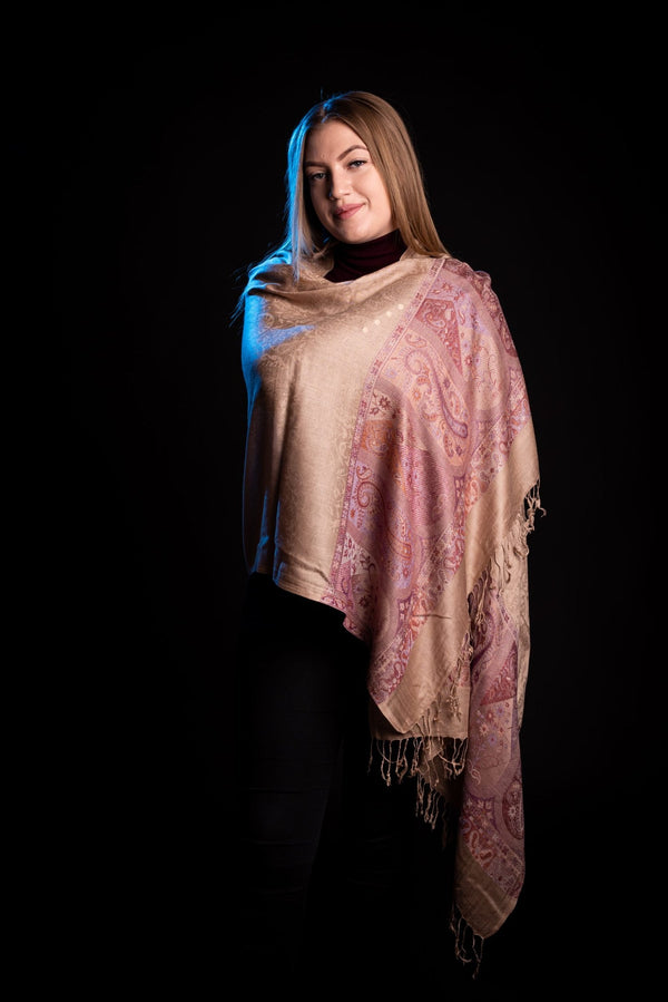 Esarfa Casmir reversibila bej Paisley oriental floral India