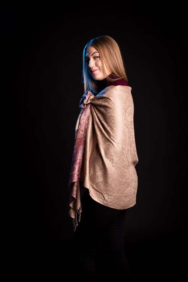 Esarfa Casmir reversibila bej Paisley oriental floral India