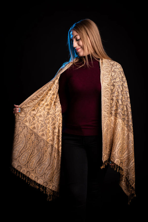 Eșarfă Cașmir reversibilă Paisley India, bej