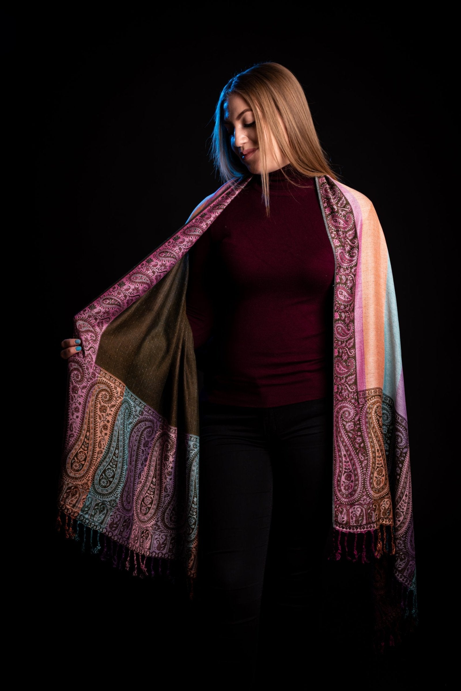 Eșarfă Cașmir reversibilă verde kaki Paisley oriental floral India