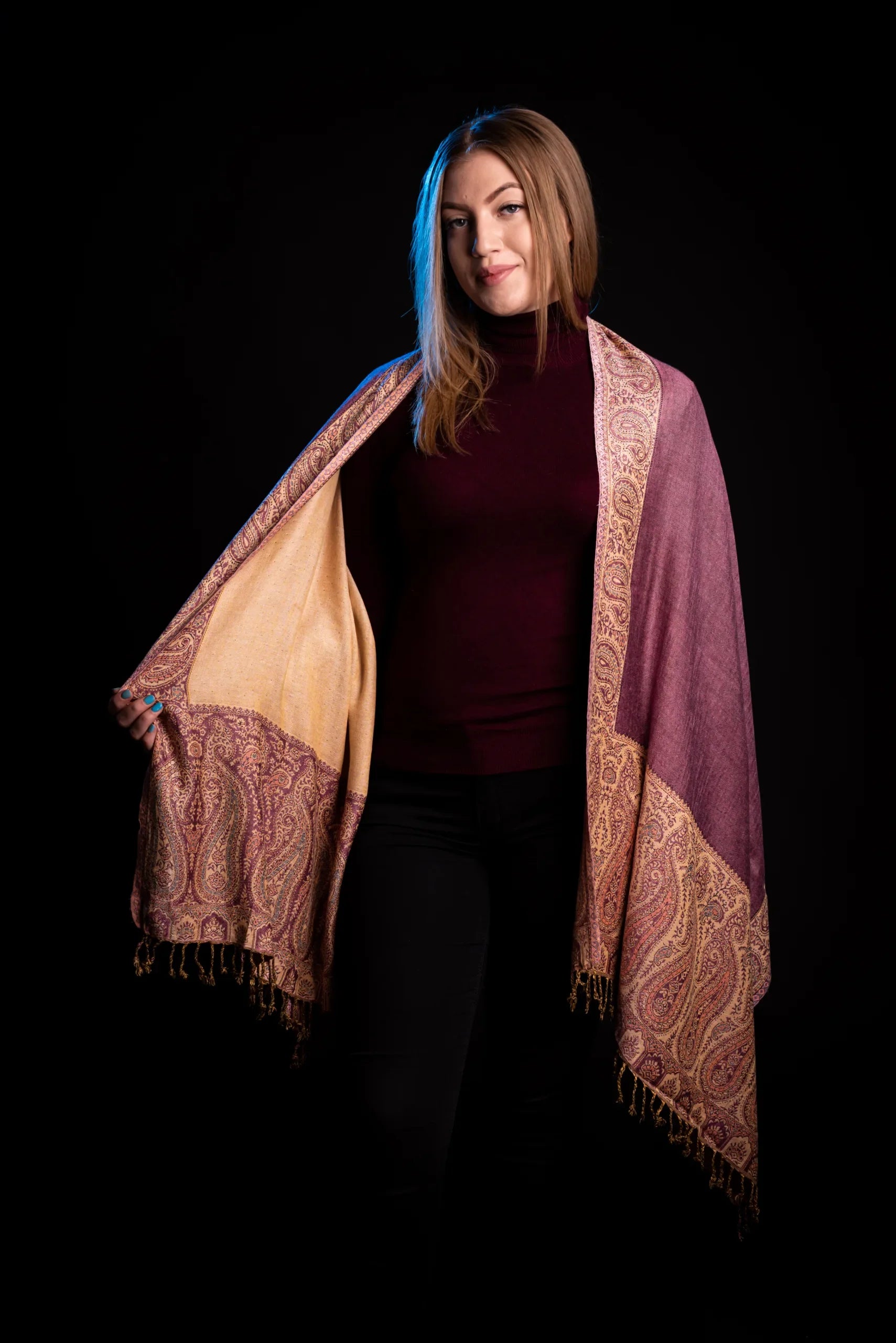 Esarfa casmir reversibila Paisley lila-bej oriental floral India