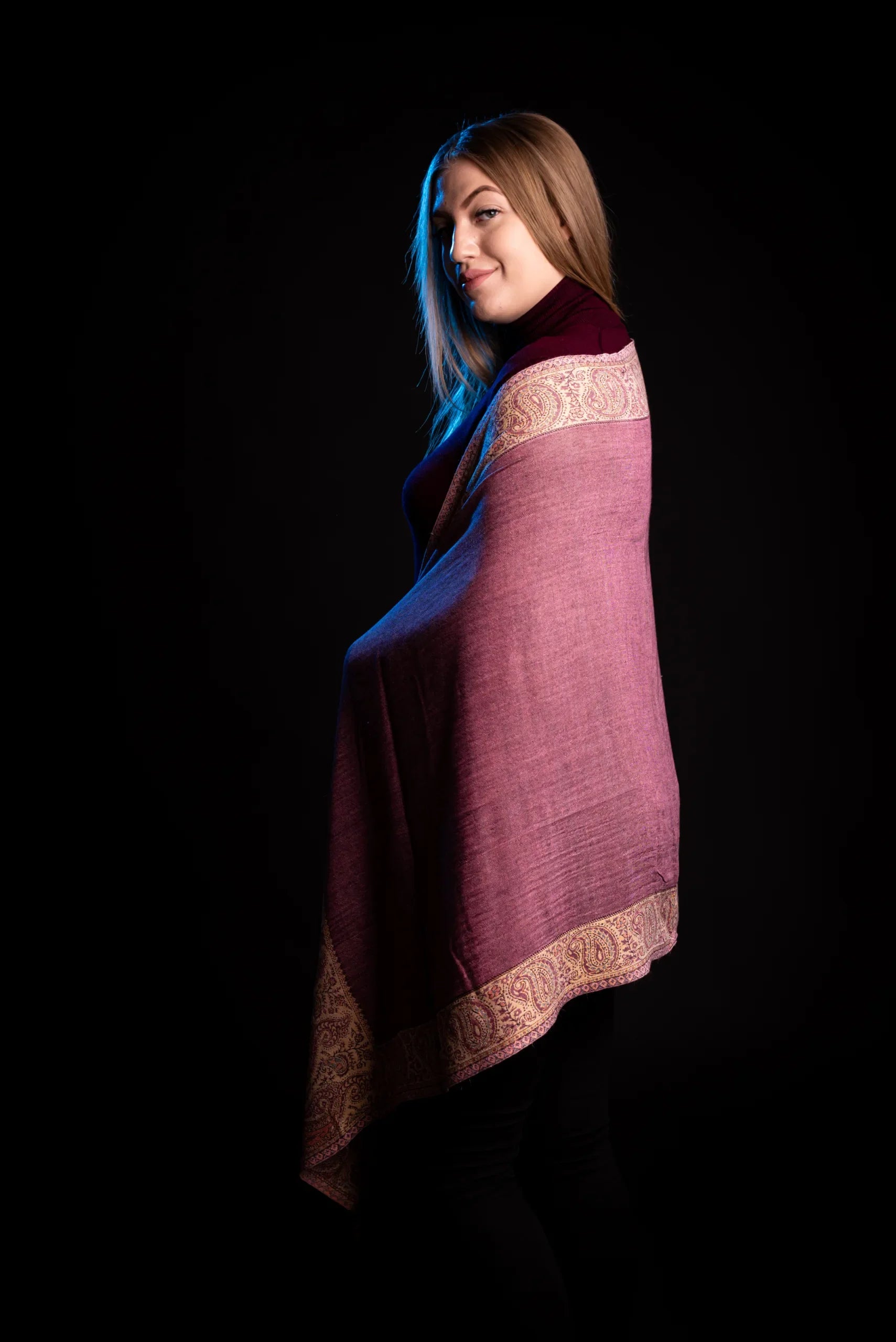 Esarfa casmir reversibila Paisley lila-bej oriental floral India