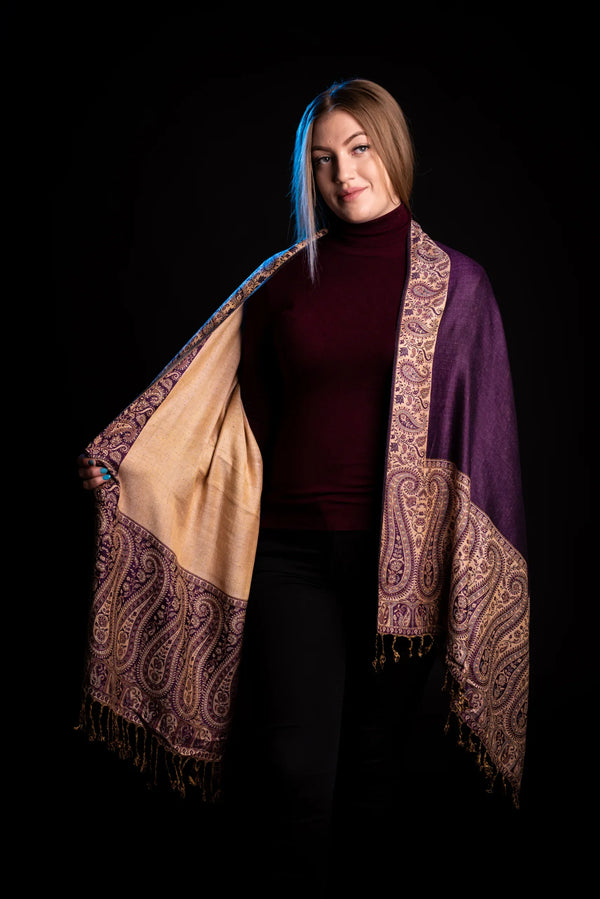 Eșarfă Cașmir reversibilă Paisley mov-bej oriental floral India
