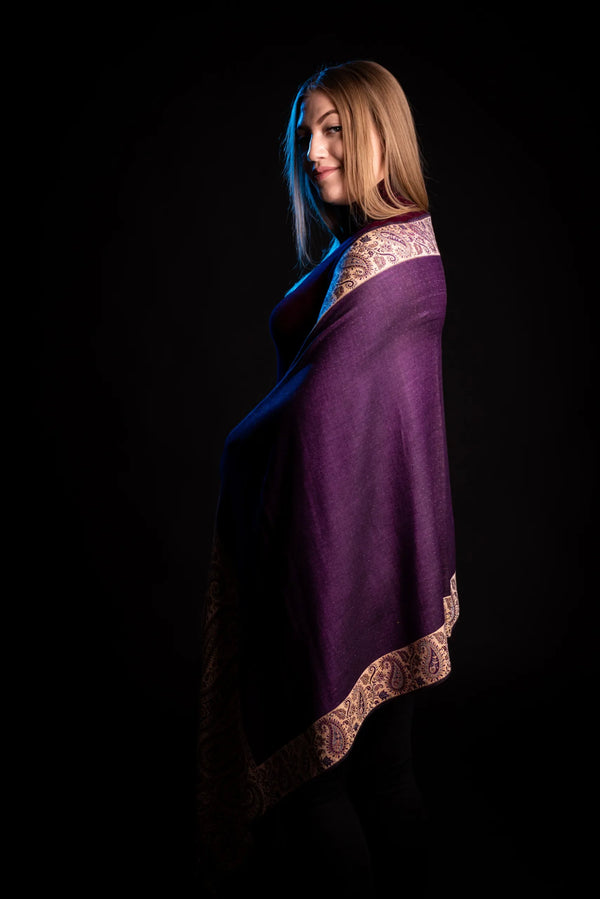 Eșarfă Cașmir reversibilă Paisley mov-bej oriental floral India