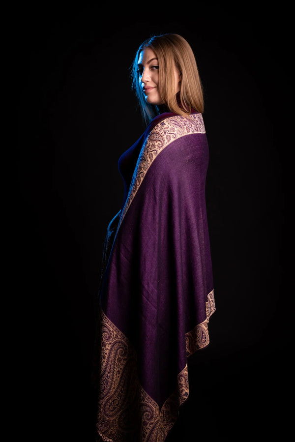 Eșarfă Cașmir reversibilă Paisley mov-bej oriental floral India