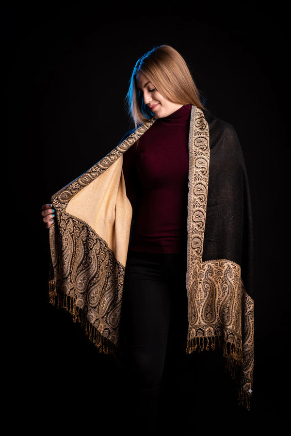 Eșarfă Cașmir reversibilă Paisley negru-bej oriental floral India