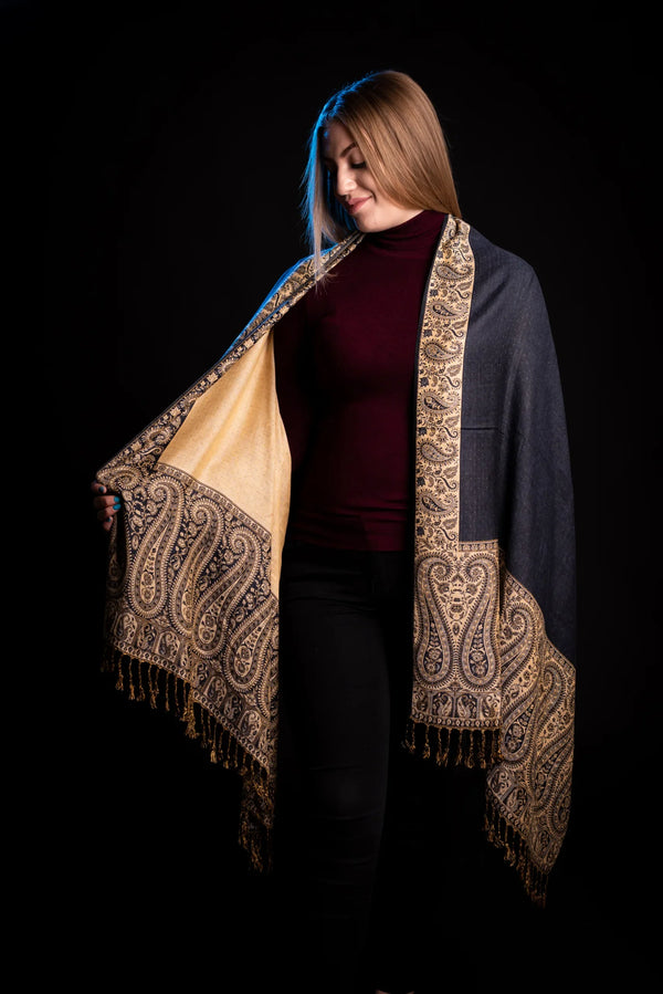 Eșarfă Cașmir reversibilă Paisley blumarin-bej oriental floral India