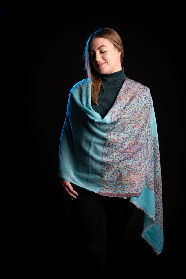 Esarfa-Sal Cara, din Lana Pashmina turcoaz cu broderie fina