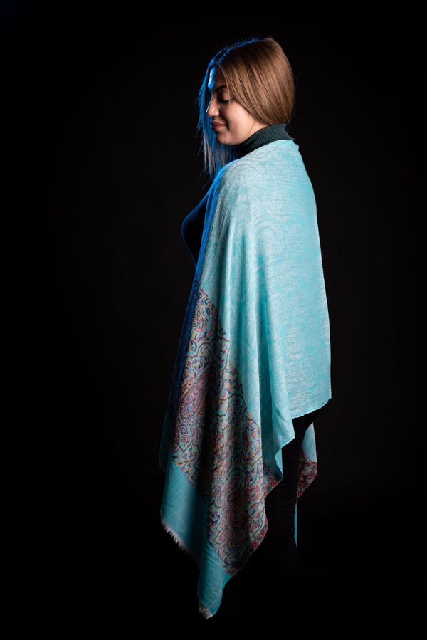 Esarfa-Sal Cara, din Lana Pashmina turcoaz cu broderie fina