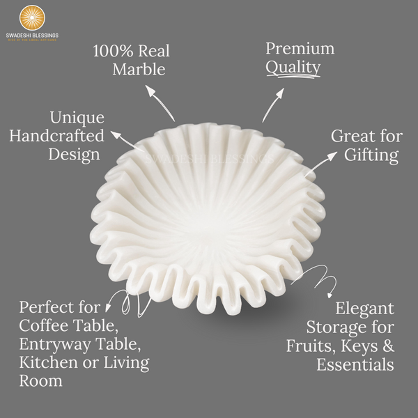 HandCrafted Marble Ruffle Bowl, Large Decorative Bowl for Home Decor, Key Bowl for Entryway Table, Scalloped Bowls for Dining Table Centerpiece Decor, Catch All Bowls, 9"