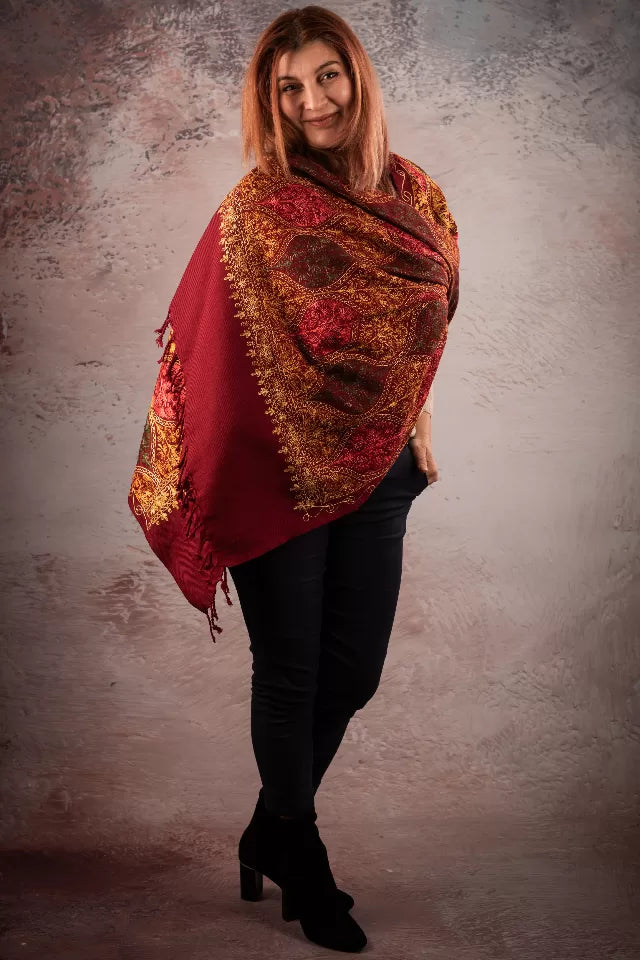 Sal grena din lana reversibila cu broderie hand made India