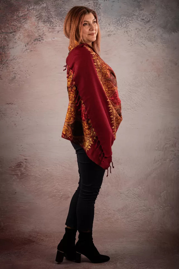 Sal grena din lana reversibila cu broderie hand made India