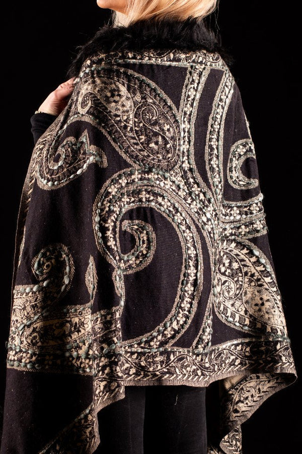 Sal negru-bej cu broderie hand made si blanita artificiala India