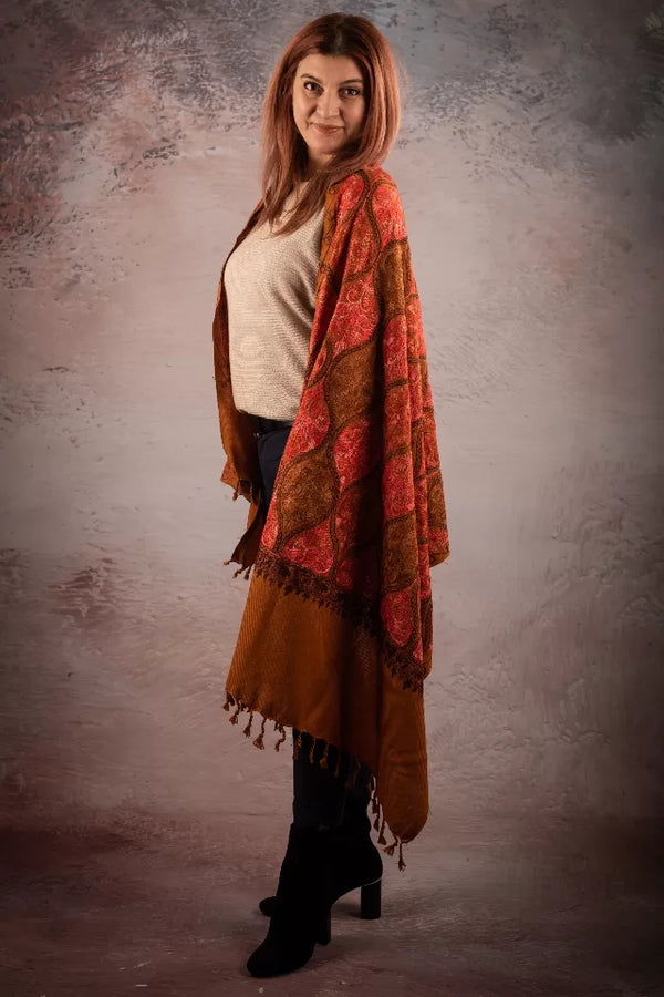 Șal teracota din lână reversibilă cu broderie hand made India