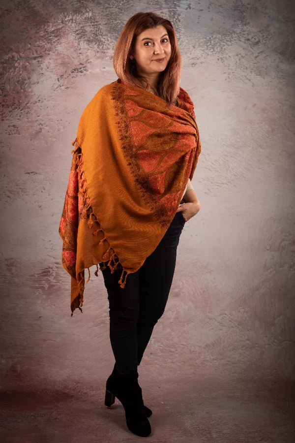 Șal teracota din lână reversibilă cu broderie hand made India