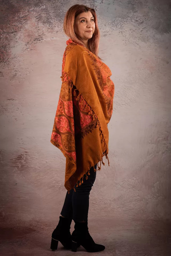 Șal teracota din lână reversibilă cu broderie hand made India