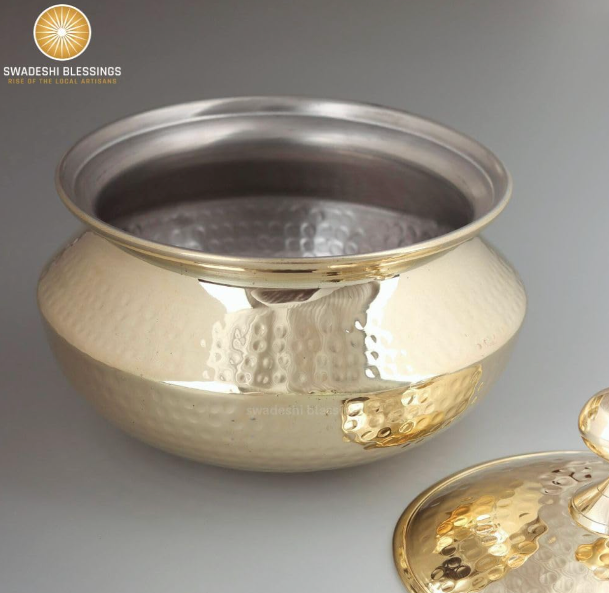 Swadeshi Blessings Exclusive Range Brass Handi Pot for Cooking with Lid/Teflon-Free/Naturally Non-Stick Brass Utensils with Tin Coating
