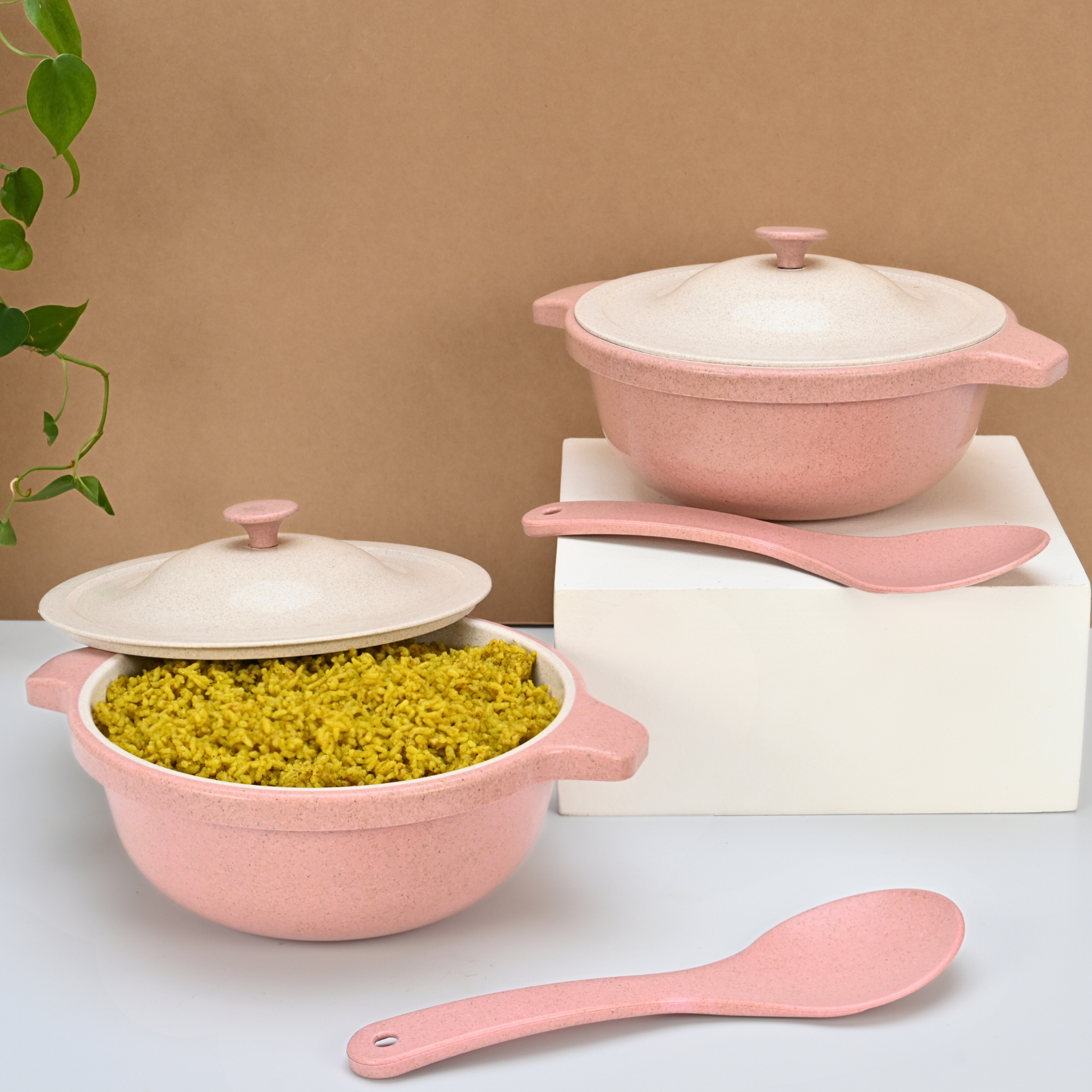 Serving Bowl with lid 1250 ml set of 2 | Earth friendly Unbreakable bowls Made with Bamboo Fibers & Rice Husk Fiber