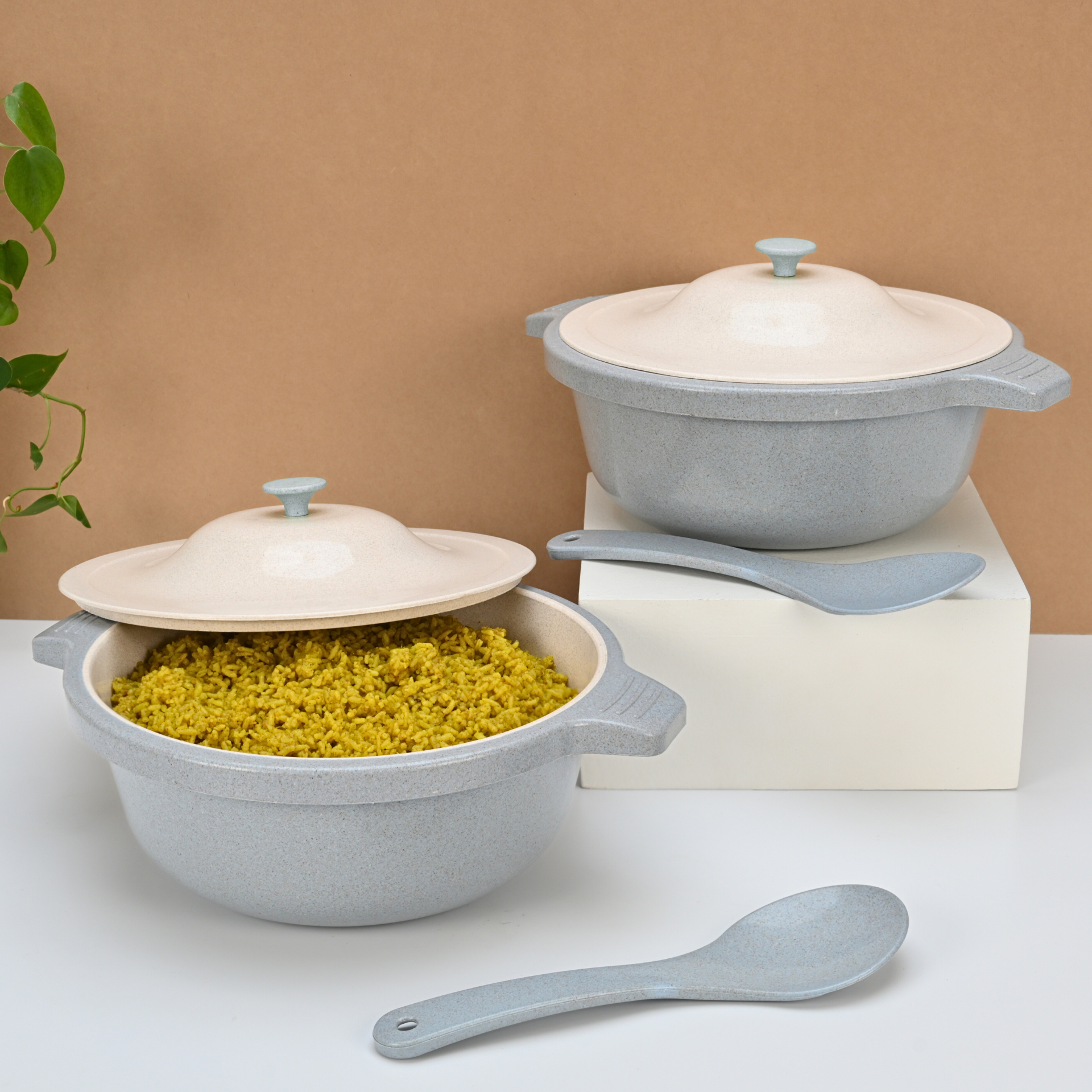 Serving Bowl with lid 2500 ml set of 2 | Earth friendly Unbreakable bowls Made with Bamboo Fibers & Rice Husk Fiber