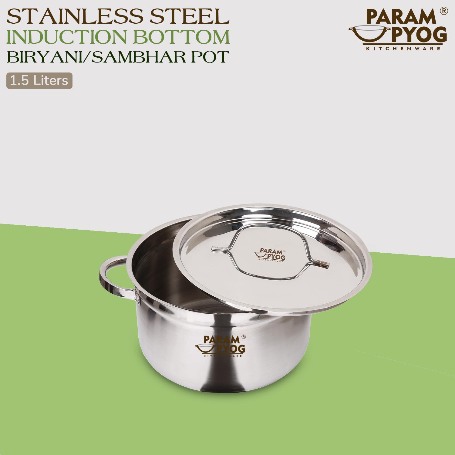 Param Upyog Stainless Steel Induction Biryani/Sambar Pot with Lid 1.5 Liters