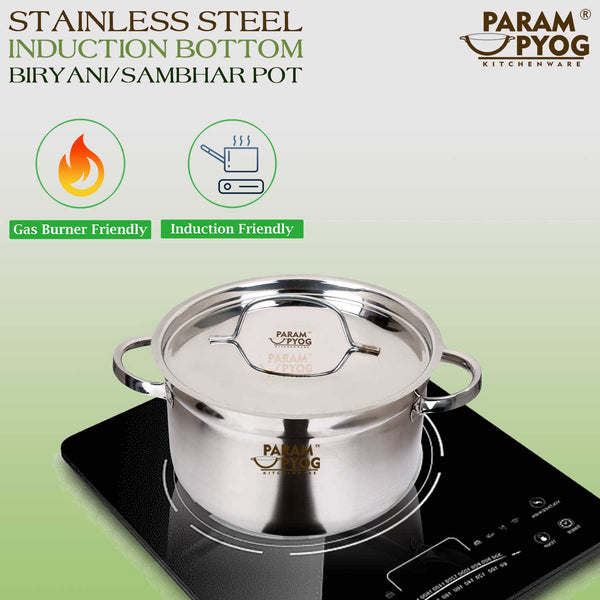 Param Upyog Stainless Steel Induction Biryani/Sambar Pot with Lid 5.2 Liters