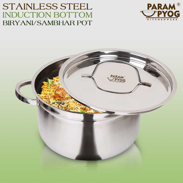 Param Upyog Stainless Steel Induction Biryani/Sambar Pot with Lid 2.5 Liters