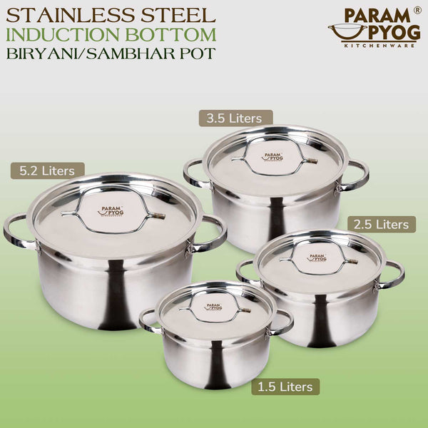 Param Upyog Stainless Steel Induction Biryani/Sambar Pot with Lid 1.5 Liters