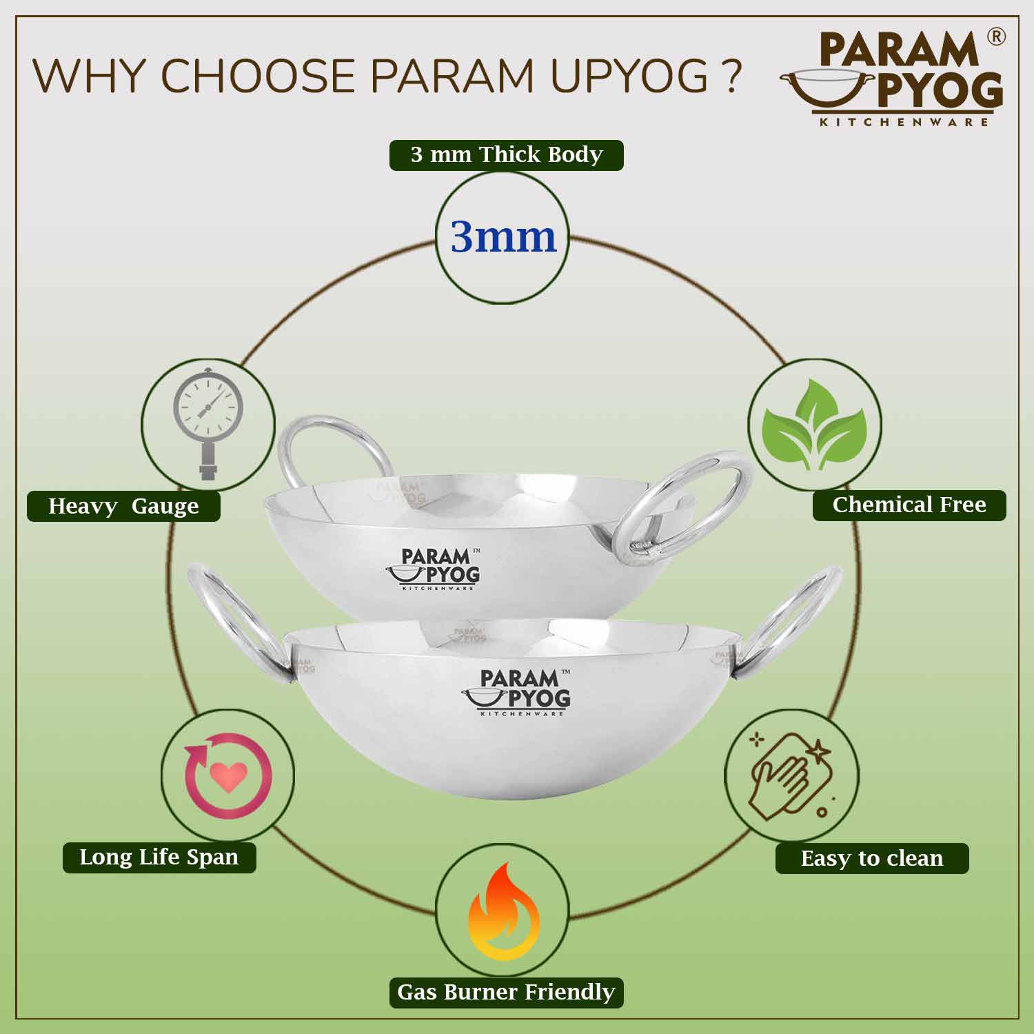 Param Upyog Stainless Steel Deep Kadhai 4 Litres - 12'