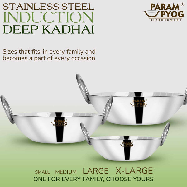 Stainless Steel Induction Deep Kadhai 1.25 Litres - 9'
