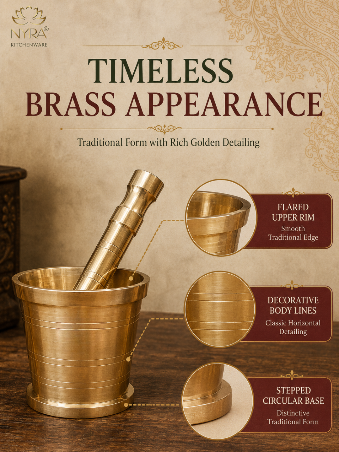 A brass mortar and pestle set displayed on a wooden surface with a beige textured background. The image includes marketing text reading 'TIMELESS BRASS APPEARANCE' and three callout circles with labels pointing to the flared upper rim, decorative body lines, and stepped circular base.