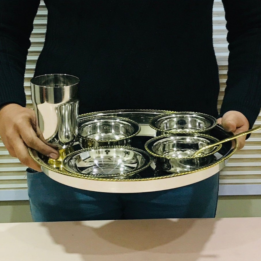 Stainless-Steel Two-Tone Thali Set with Brass detailing 
