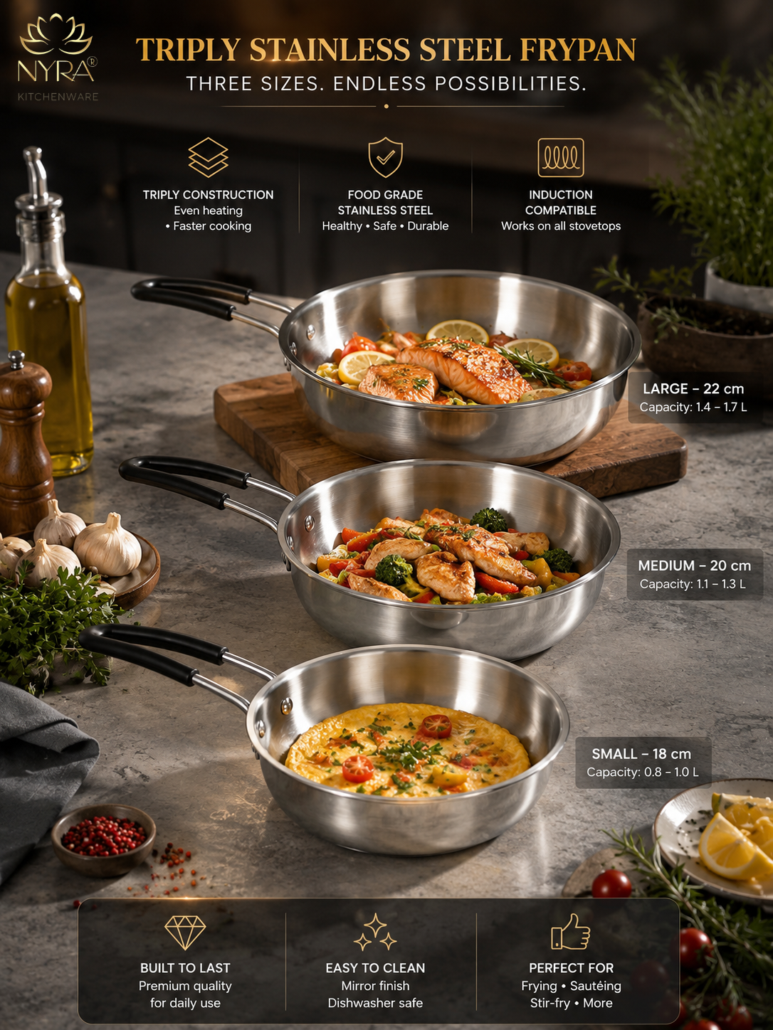 Triply Stainless Steel Fry Pan with Heat-Resistant PVC Handle | Heavy Gauge Food Grade Tri-Ply Cookware | Induction & Gas Compatible