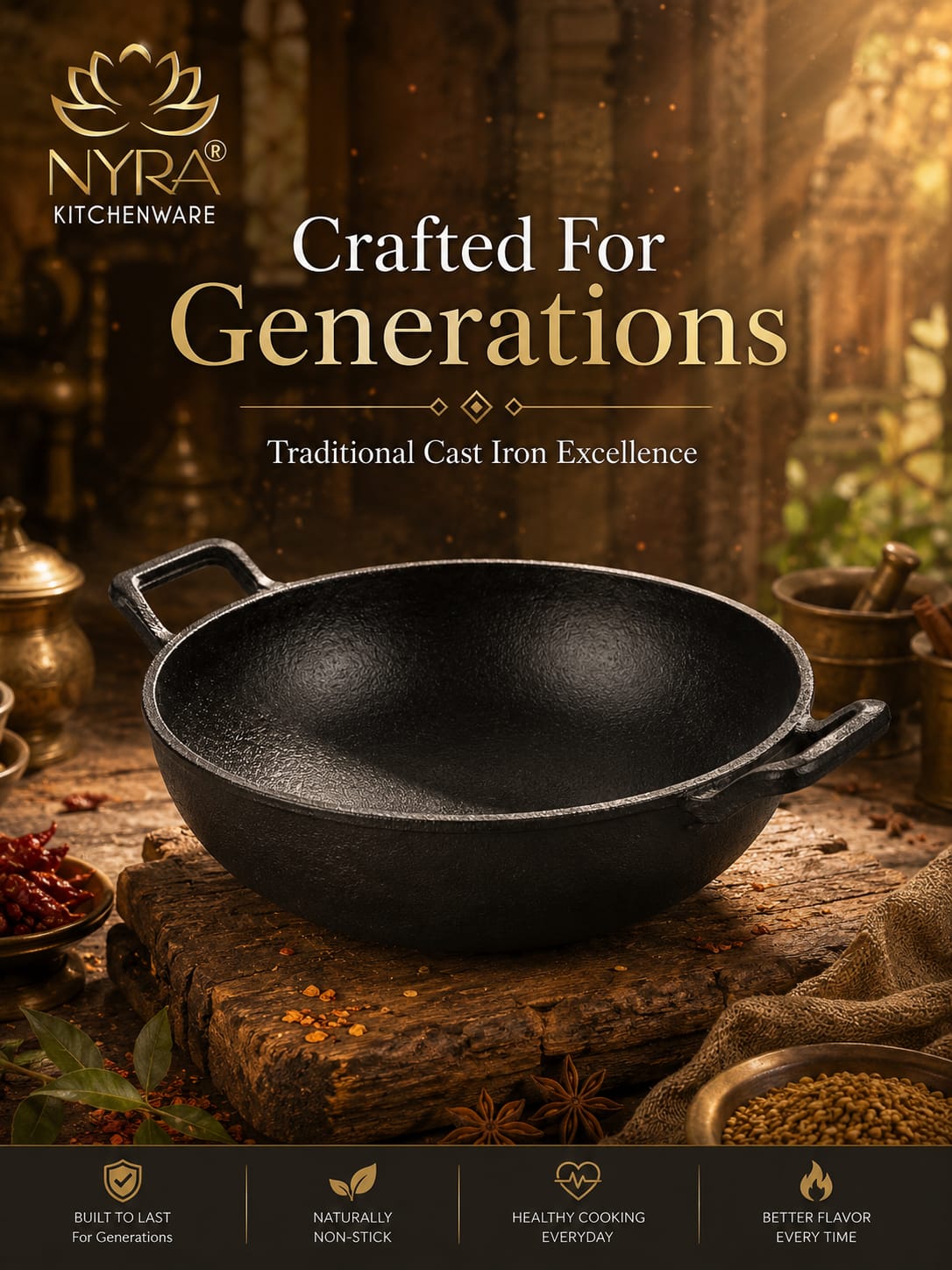 Pre-Seasoned Cast Iron Wok/Kadhai | Pure, Toxin-Free & Naturally Non-Stick