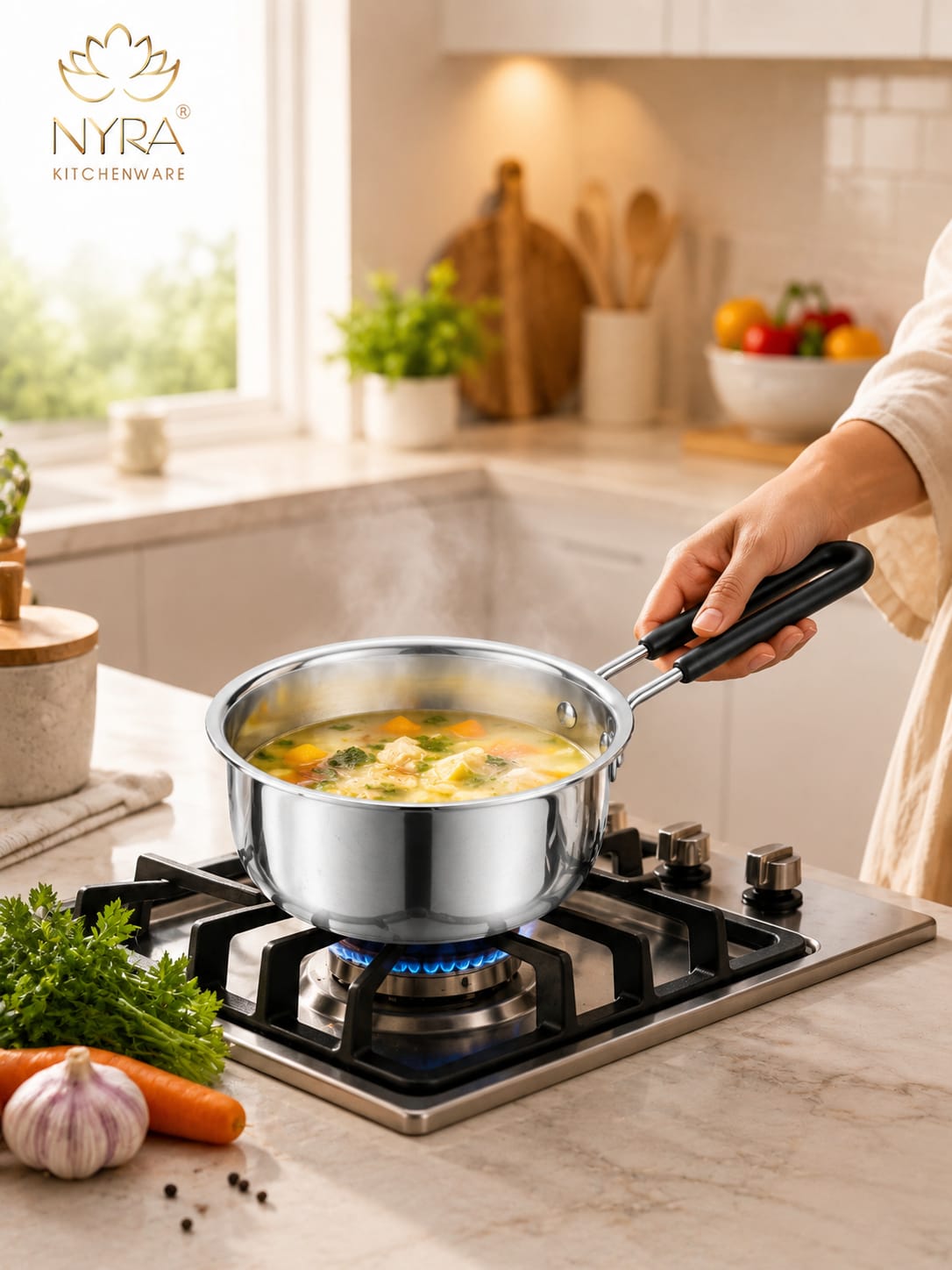 Stainless Steel Triply Saucepan with PVC Handle | Heavy Gauge Food Grade Cookware | Available in 3 Sizes.