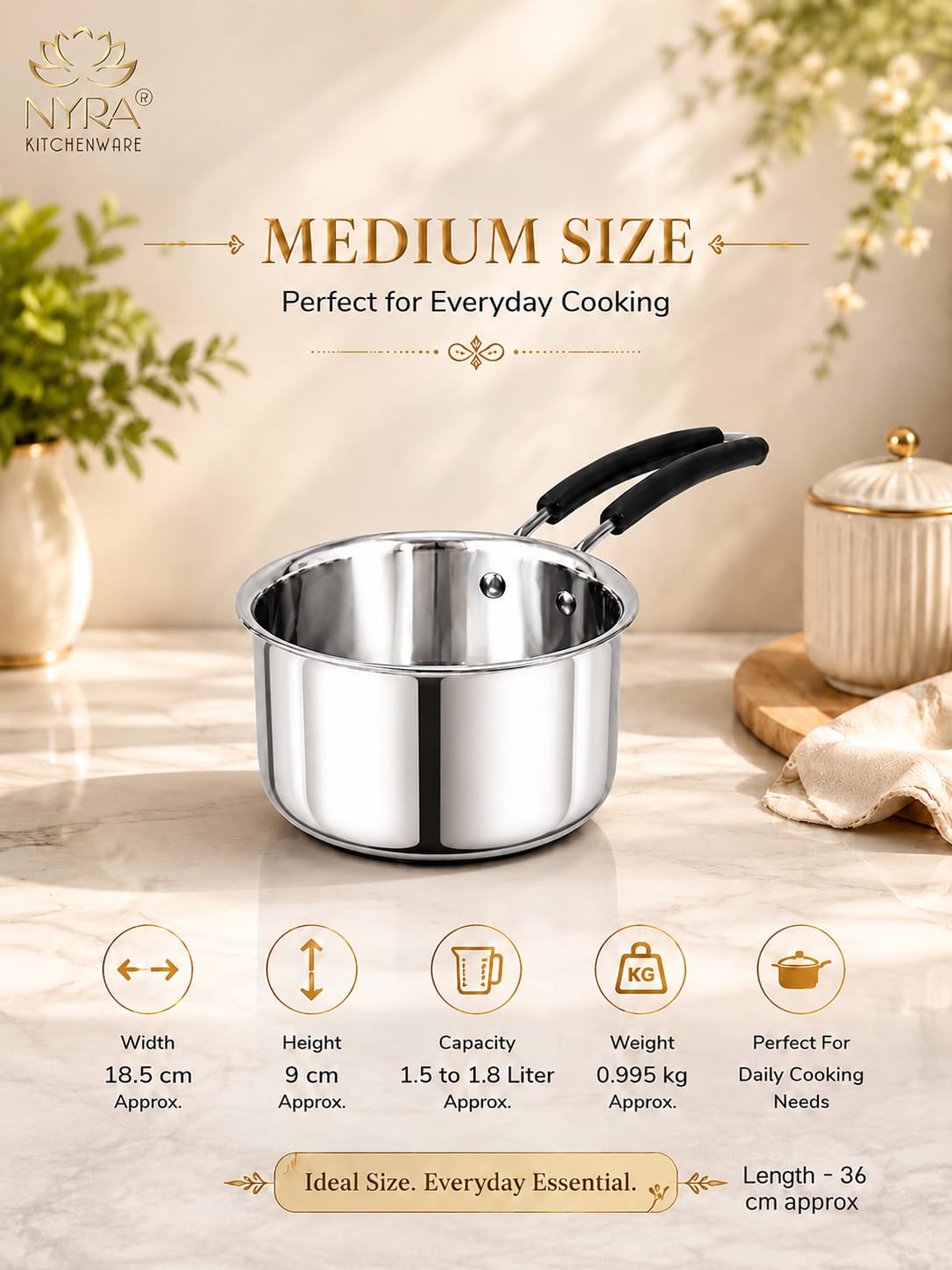 Stainless Steel Triply Saucepan with PVC Handle | Heavy Gauge Food Grade Cookware | Available in 3 Sizes.