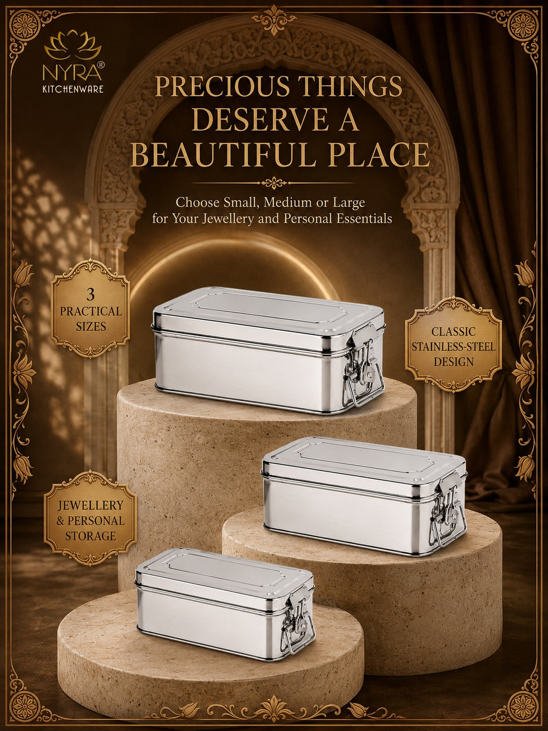Stainless Steel Jewellery Locker Box with Latch, Multipurpose Storage Container for Jewellery, Accessories, Documents & Personal Essentials