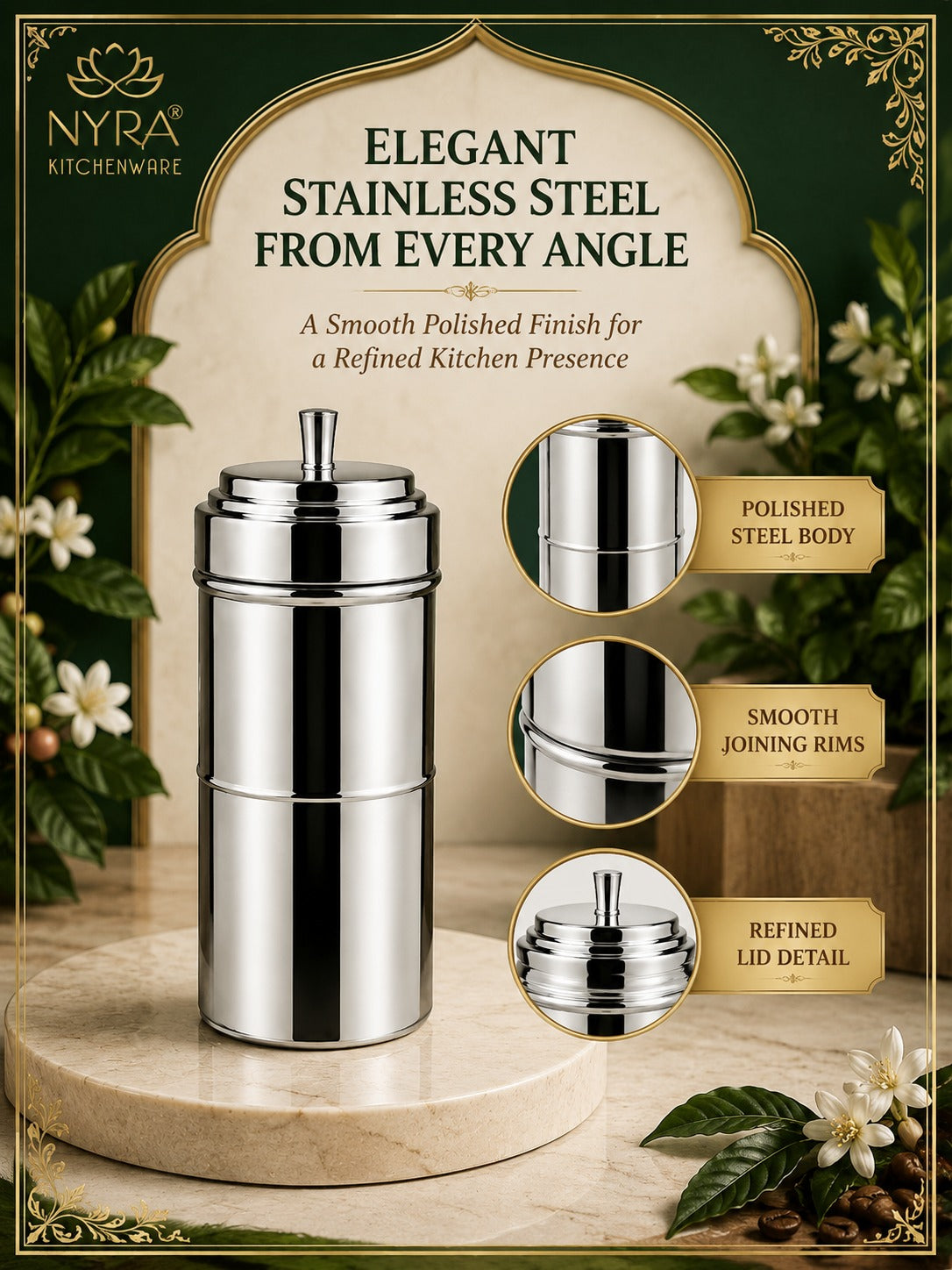 Stainless Steel Coffee Filter | Traditional 4-Part Coffee Decoction Maker with Pressing Disc and Lid