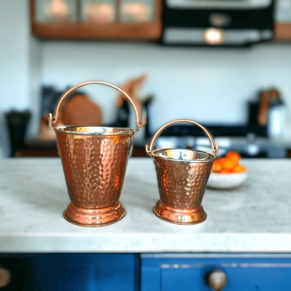 Bucket Set Of 2 Handmade Pure Steel Copper Bucket/Balti Hammered Design With Handle