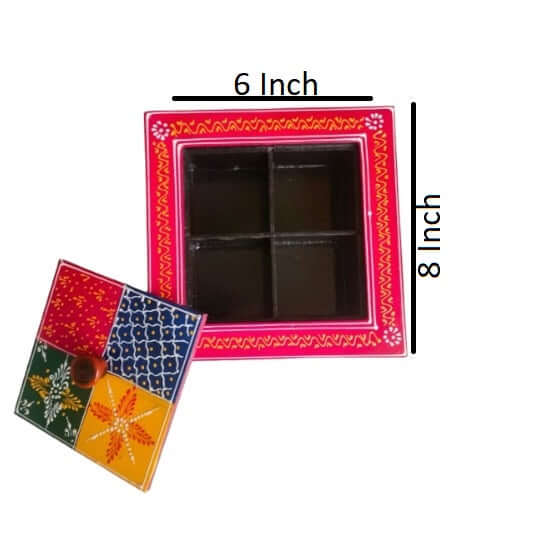 Cutie din lemn indiană pentru fructe uscate, pictată manual sau cutie pentru condimente pentru bucătărie, Culoare: Multi, Dimensiune: L: 15.24 cm, l: 20.32 cm, Î: 5.59 cm