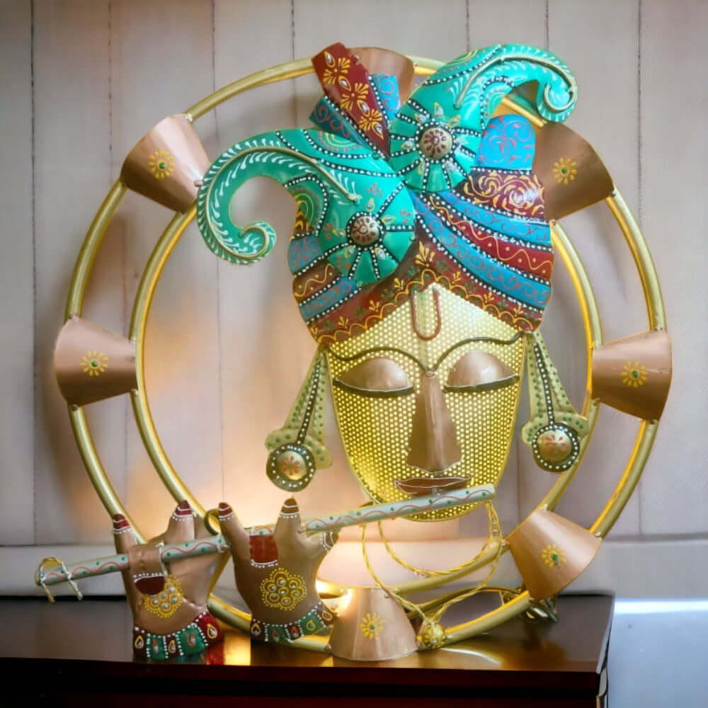 Krishna Playing Flute With Inbuilt LED Light Decorative Metal Wall Hangings With Light For Wall Décor – Round Iron Metal Wall Hanging For Home Decoration and Café Decoration