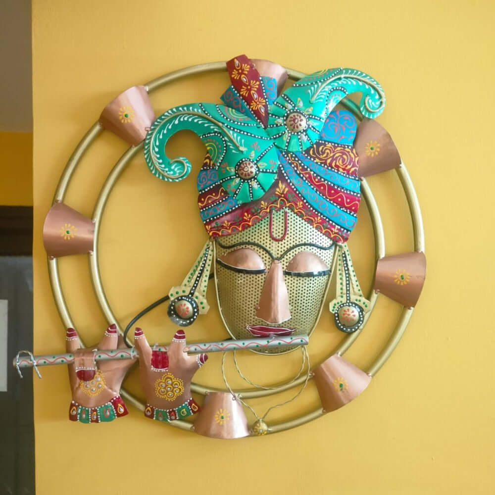 Krishna Playing Flute With Inbuilt LED Light Decorative Metal Wall Hangings With Light For Wall Décor – Round Iron Metal Wall Hanging For Home Decoration and Café Decoration