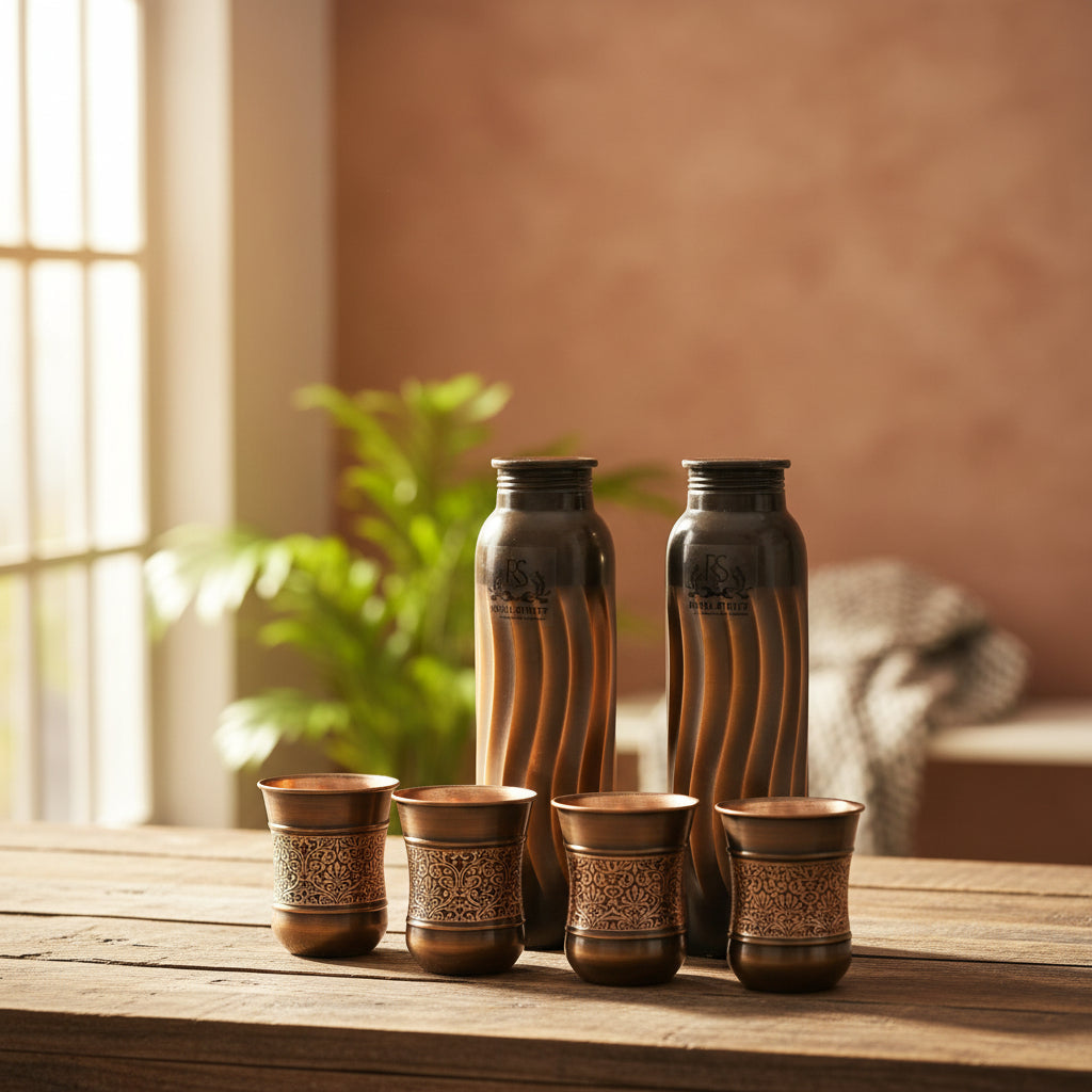 2 Copper Lehar Water Bottle 1 Liter Extra Large with 4 Tumblers - Helps to Drink More Water, Enjoy The Health Benefits - 2 Tamba Bottle With 4 Antique Copper Glasses