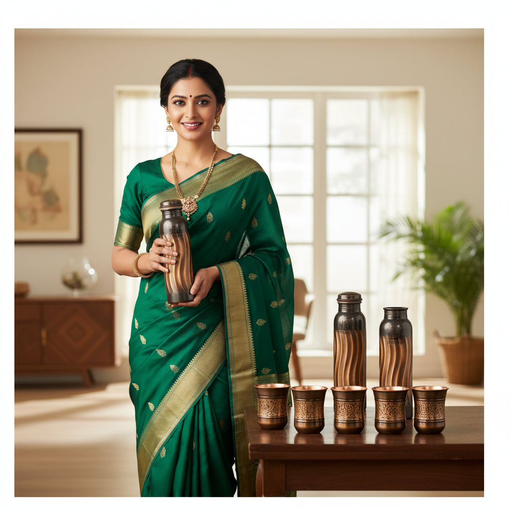 2 Copper Lehar Water Bottle 1 Liter Extra Large with 4 Tumblers - Helps to Drink More Water, Enjoy The Health Benefits - 2 Tamba Bottle With 4 Antique Copper Glasses