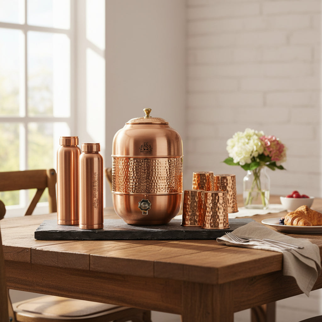 12 Liters Pure Copper Drinkware Water Dispenser Hammered Finish- Ayurveda Health Healing Water Container Tank with 4 Matching Tumbler Glasses and 2 Copper Bottle