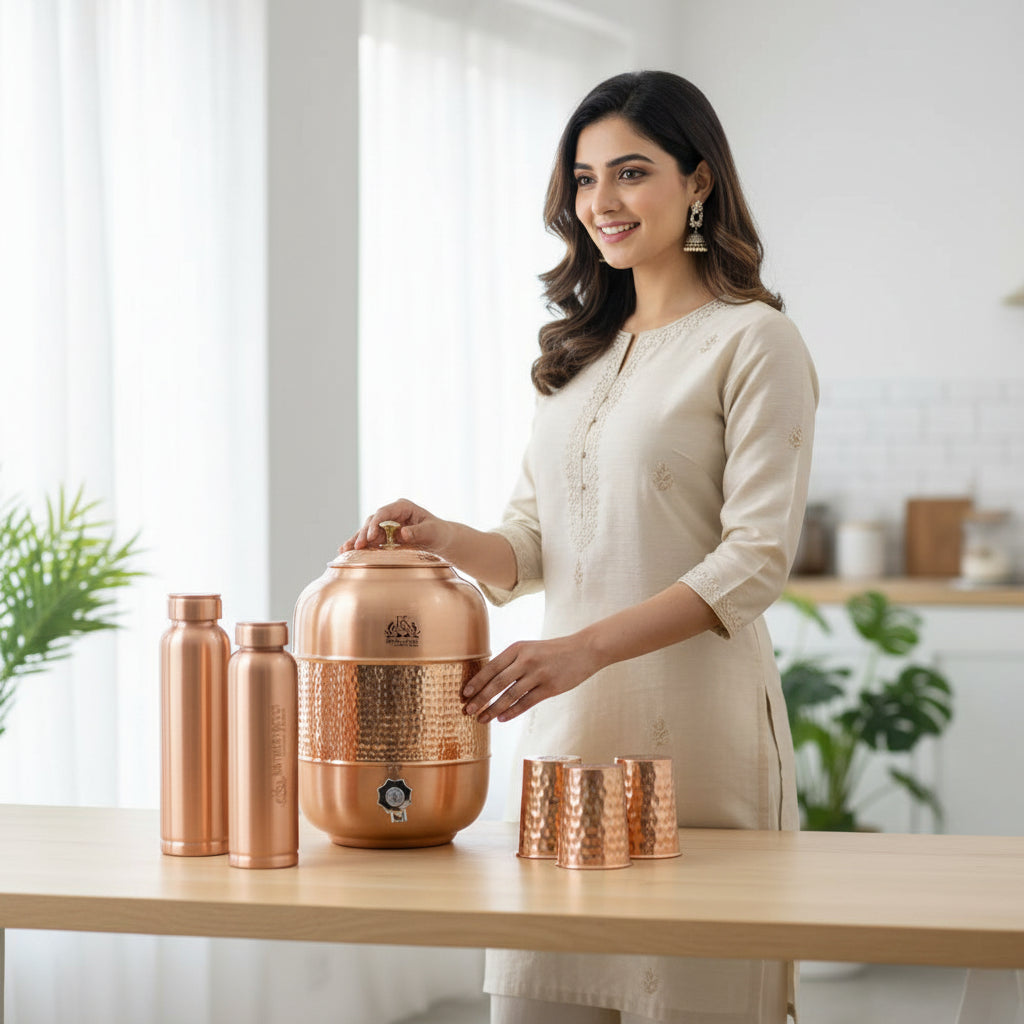 12 Liters Pure Copper Drinkware Water Dispenser Hammered Finish- Ayurveda Health Healing Water Container Tank with 4 Matching Tumbler Glasses and 2 Copper Bottle