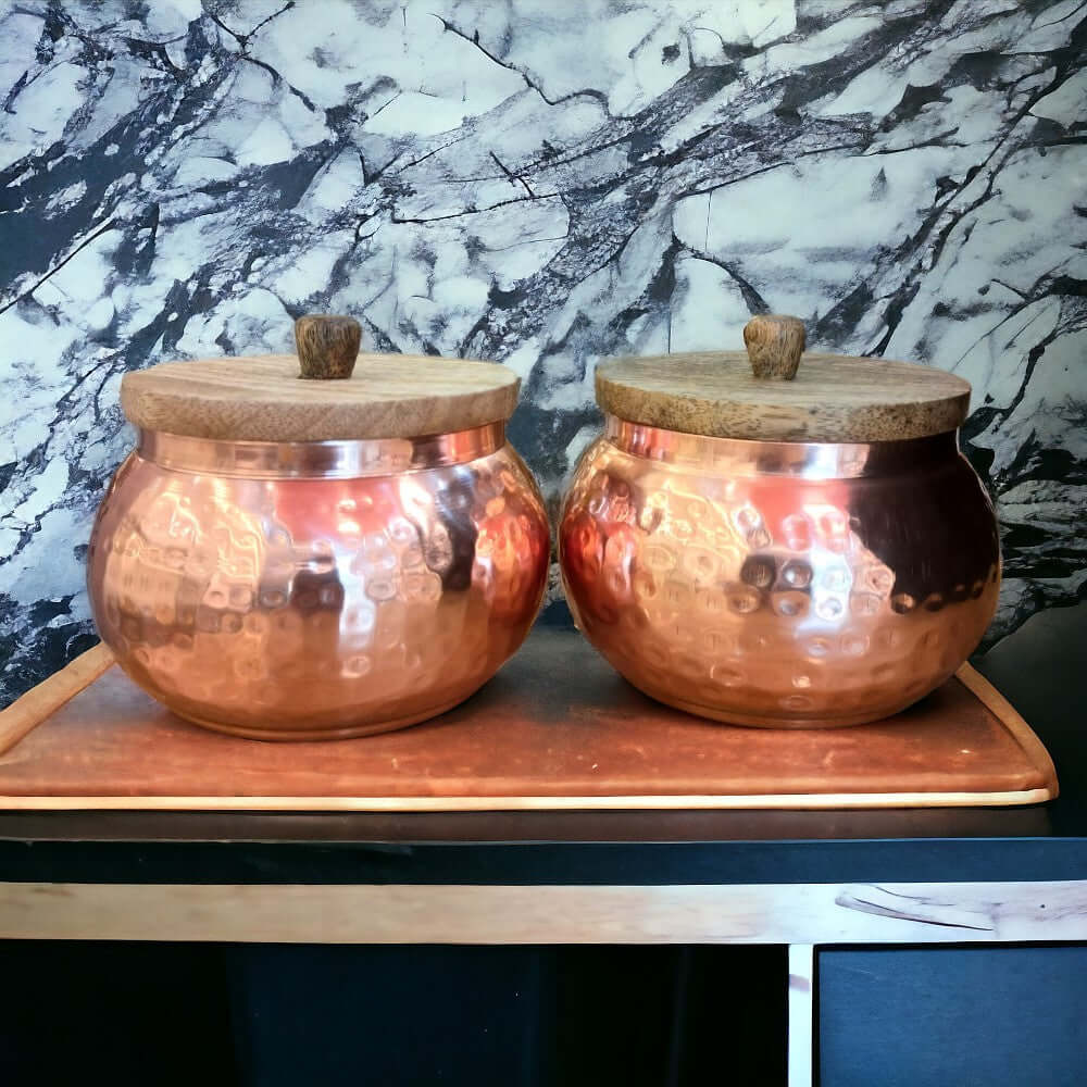 Copper Finished Hammered Metal Jar Set with wooden lid (Air Tight) 4×4 inches